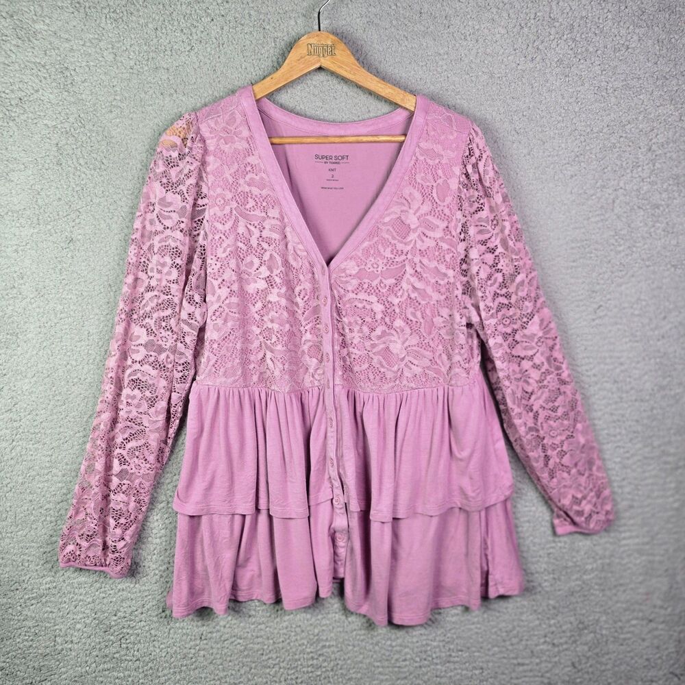 Torrid Super Soft Knit Tunic Top Purple Dusty Rose Lace Tiered 2
